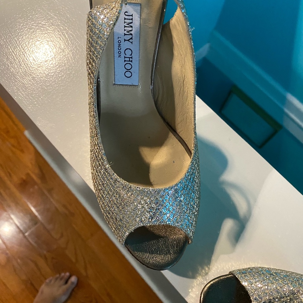 Jimmy Choo Gold Glitter Heels Peep-Toe